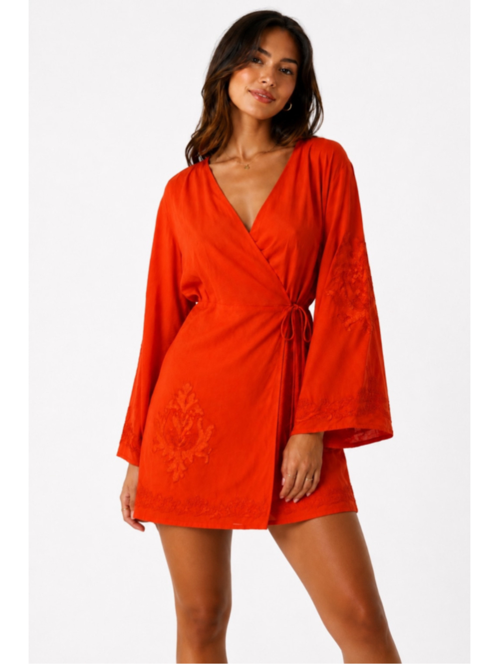 Women's Zara Bright Orange Embroidered Kimono Wrap Mini Dress Medium - 693